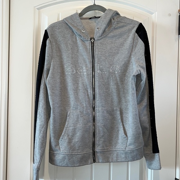GRAY Bebe Sport zip hoodie silver sparkly rhinestone BEBE Distressed sleeve Med - Picture 1 of 14
